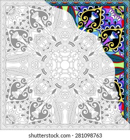 unique coloring book square page for adults - floral authentic carpet design, joy to older children and adult colorists, who like line art and creation, vector illustration