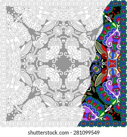 unique coloring book square page for adults - floral authentic carpet design, joy to older children and adult colorists, who like line art and creation, vector illustration