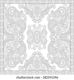 unique coloring book square page for adults - floral authentic carpet design, joy to older children and adult colorists, who like line art and creation, vector illustration