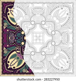 unique coloring book square page for adults - floral authentic carpet design, joy to older children and adult colorists, who like line art and creation, vector illustration