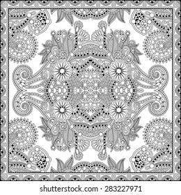 unique coloring book square page for adults - floral authentic carpet design, joy to older children and adult colorists, who like line art and creation, vector illustration