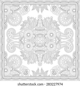 unique coloring book square page for adults - floral authentic carpet design, joy to older children and adult colorists, who like line art and creation, vector illustration