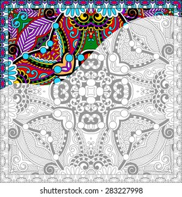 unique coloring book square page for adults - floral authentic carpet design, joy to older children and adult colorists, who like line art and creation, vector illustration