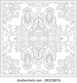 unique coloring book square page for adults - floral authentic carpet design, joy to older children and adult colorists, who like line art and creation, vector illustration