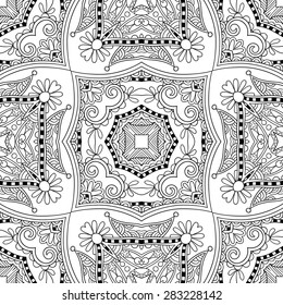 unique coloring book square page for adults - floral authentic carpet design, joy to older children and adult colorists, who like line art and creation, vector illustration