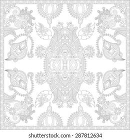 unique coloring book square page for adults - floral authentic carpet design, joy to older children and adult colorists, who like line art and creation, vector illustration