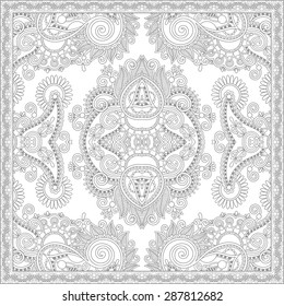 unique coloring book square page for adults - floral authentic carpet design, joy to older children and adult colorists, who like line art and creation, vector illustration