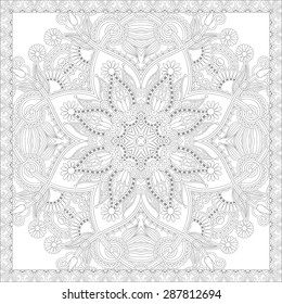 unique coloring book square page for adults - floral authentic carpet design, joy to older children and adult colorists, who like line art and creation, vector illustration