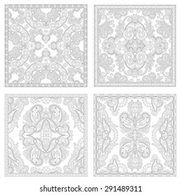 unique coloring book square page set for adults - floral authentic carpet design, joy to older children and adult colorists, who like line art and creation, vector illustration
