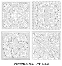 unique coloring book square page set for adults - floral authentic carpet design, joy to older children and adult colorists, who like line art and creation, vector illustration
