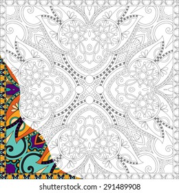 unique coloring book square page for adults - floral authentic carpet design, joy to older children and adult colorists, who like line art and creation, vector illustration