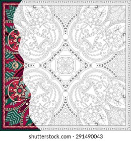 unique coloring book square page for adults - floral authentic carpet design, joy to older children and adult colorists, who like line art and creation, vector illustration