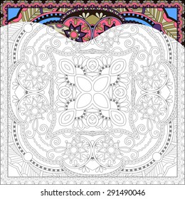 unique coloring book square page for adults - floral authentic carpet design, joy to older children and adult colorists, who like line art and creation, vector illustration