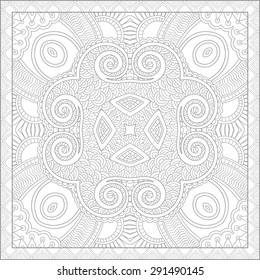 unique coloring book square page for adults - floral authentic carpet design, joy to older children and adult colorists, who like line art and creation, vector illustration