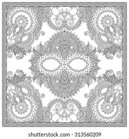 unique coloring book square page for adults - floral authentic carpet design, joy to older children and adult colorists, who like line art and creation, vector illustration
