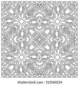 unique coloring book square page for adults - floral authentic carpet design, joy to older children and adult colorists, who like line art and creation, vector illustration