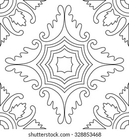 Unique coloring book square page for adults - seamless pattern tile design, joy to older children and adult colorists, who like line art and creation. Black and white vector illustration