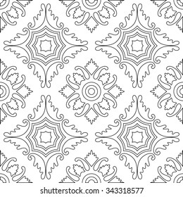 Unique coloring book square page for adults - seamless pattern tile design, joy to older children and adult colorists, who like line art and creation. Black and white vector illustration