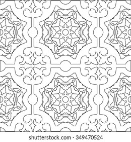 Unique coloring book square page for adults - seamless pattern tile design, joy to older children and adult colorists, who like line art and creation. Black and white vector illustration