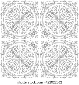 Unique coloring book square page for adults - seamless pattern tile design, joy to older children and adult colorists, who like line art and creation. Black and white vector illustration