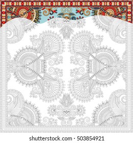unique coloring book square page for adults - floral authentic carpet design, joy to older children and adult colorists, who like line art and creation, vector illustration