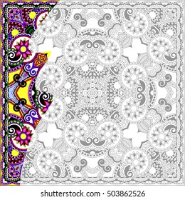 unique coloring book square page for adults - floral authentic carpet design, joy to older children and adult colorists, who like line art and creation, vector illustration