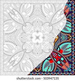 unique coloring book square page for adults - floral authentic carpet design, joy to older children and adult colorists, who like line art and creation, vector illustration