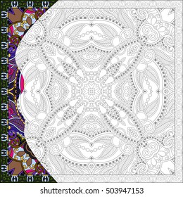 unique coloring book square page for adults - floral authentic carpet design, joy to older children and adult colorists, who like line art and creation, vector illustration