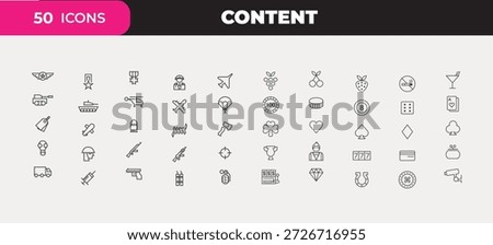 A unique combination of 50 line icons featuring military equipment, gambling, and recreational symbols.