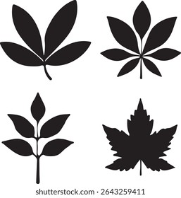 Unique combination of different leaf forms in silhouette style. Perfect for eco logos, minimalist designs, and tattoo references.