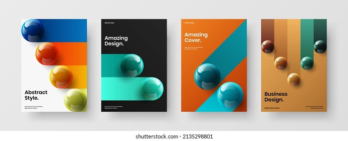 Unique company brochure A4 vector design illustration collection. Clean 3D balls corporate cover concept bundle.