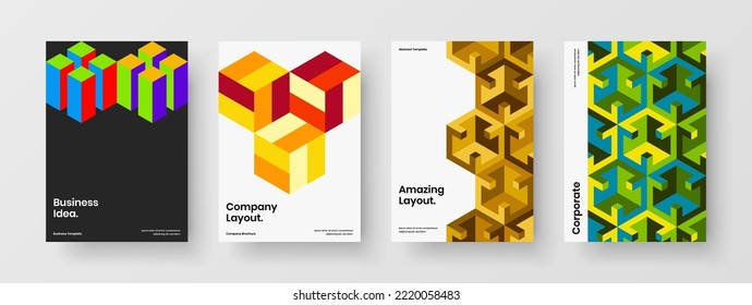 Unique company brochure design vector concept bundle. Abstract mosaic tiles handbill template set.