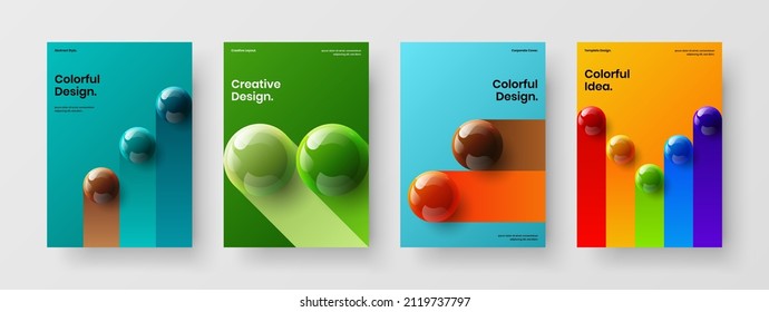 Unique company identity A4 design vector template collection. Bright realistic spheres leaflet layout composition.