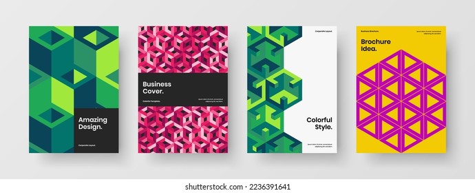 Unique company identity A4 vector design illustration set. Bright geometric hexagons front page concept bundle.