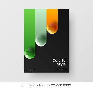 Unique company identity A4 vector design illustration. Bright 3D balls booklet layout.