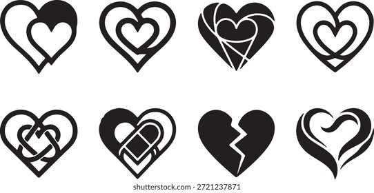 Una recopilación única de ocho ilustraciones distintas de corazón blanco y negro, cada una con diferentes facetas de amor, relaciones y sentimientos.