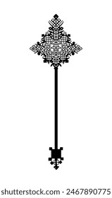 Unique complex cross, uneven weaving lines, rare Ethiopian orthodox church cross. Outline vector.