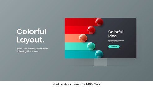 Unique computer display mockup banner illustration. Colorful web project design vector template.