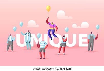 Unique Concept. Male Character in Colorful Rainbow Clothes Flying on Yellow Balloon above Crowd of People Wear Identical Blue Shirts and Balloons Poster Banner Flyer. Cartoon Vector Illustration