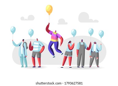 Unique Concept. Male Character in Colorful Rainbow Clothes Flying on Yellow Balloon above Crowd of People in Identical Blue Shirts and Balloons. Outstanding Individuality. Cartoon Vector Illustration