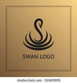 Unique concept. Swan logo on gold background. Swan bird abstract vector logo design template. 