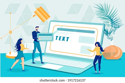 Unique Content Creation for Modern Web Site Design. Tiny People Team, Huge Office Lamp and Big Laptop. IT Designers, Developers, Article Writers. Writing Service. Vector Cartoon Flat Illustration