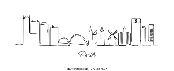 Unique continuous line drawing of the Perth Australia cityscape with famous buildings and landmarks Minimalist urban design