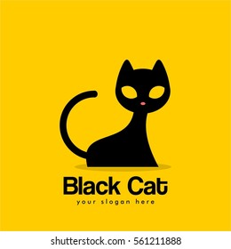 unique cool elegant and cute black cat pet shop logo design for company business or organization in yellow background