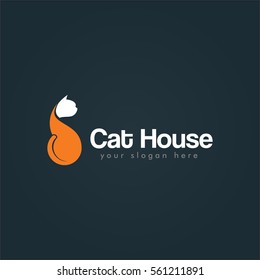 unique cool elegant and cute orange white cat pet shop logo design for company business or organization in black background