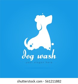 Unique Cool Elegant And Cute White Dog Wash Pet Shop Logo Design For Company Business Or Organization In Blue Background