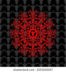 unique and cool mandala illustration, bull and skull ornament, unique background.