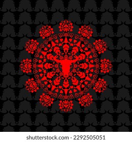 unique and cool mandala illustration, bull and skull ornament, unique background.