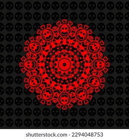 unique and cool mandala illustration, bull and skull ornament, unique background.