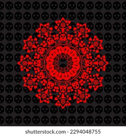 unique and cool mandala illustration, bull and skull ornament, unique background.